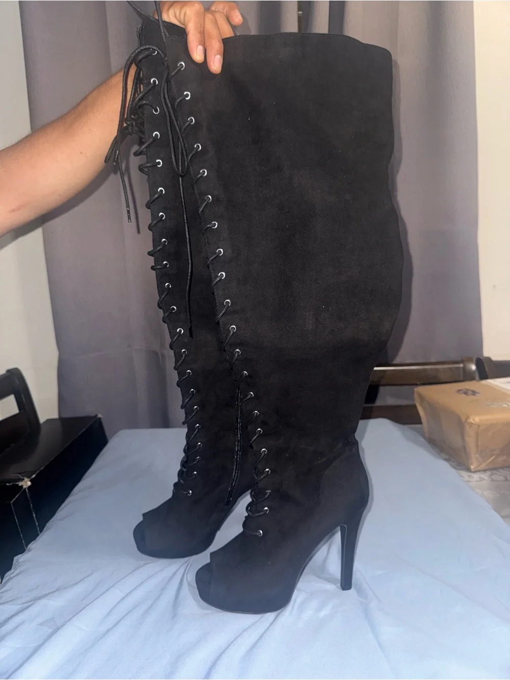 Women’s Black Lace-Up Knee-High Peep-Toe Heel Boots